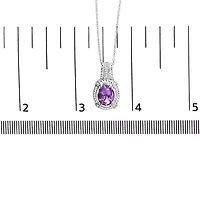 Silver 9x7mm Oval Purple Amethyst and Diamond Accent Fashion Drop Pendant Necklace