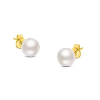 14K Yellow Gold White 7.0-7.5MM Saltwater Akoya Cultured Pearl Stud Earrings