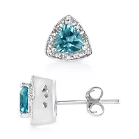 Silver 6x6 mm Trillion Blue Topaz Gemstone and Diamond Accent Stud Earring