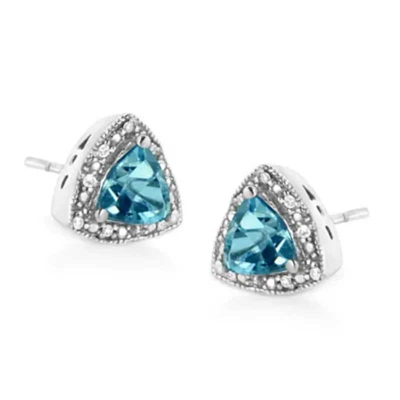 Silver 6x6 mm Trillion Blue Topaz Gemstone and Diamond Accent Stud Earring