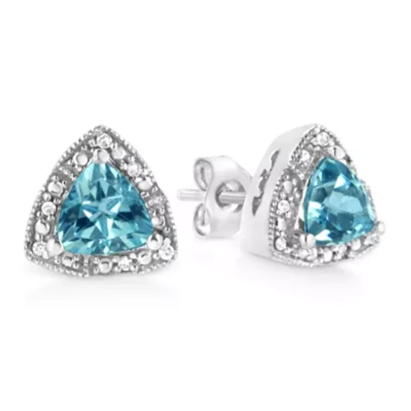 Silver 6x6 mm Trillion Blue Topaz Gemstone and Diamond Accent Stud Earring