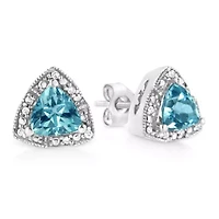Silver 6x6 mm Trillion Blue Topaz Gemstone and Diamond Accent Stud Earring