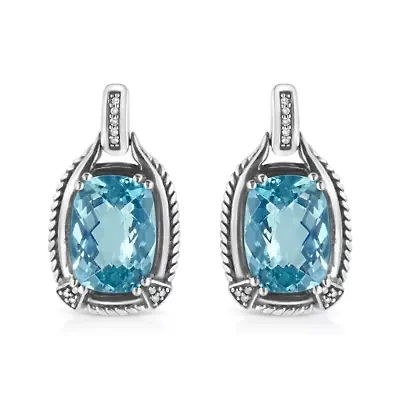 Silver 14x10MM Cushion Blue Topaz Gemstone and Diamond Accent Dangle Earring