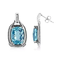 Silver 14x10MM Cushion Blue Topaz Gemstone and Diamond Accent Dangle Earring