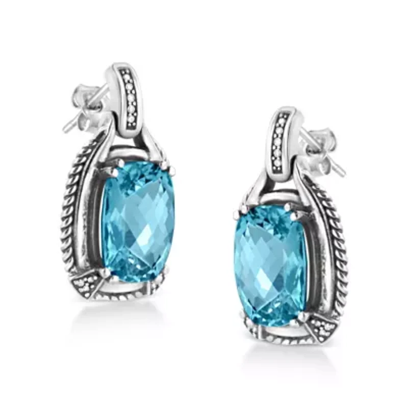 Silver 14x10MM Cushion Blue Topaz Gemstone and Diamond Accent Dangle Earring