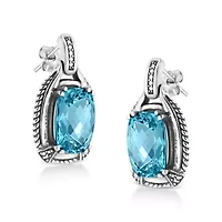 Silver 14x10MM Cushion Blue Topaz Gemstone and Diamond Accent Dangle Earring