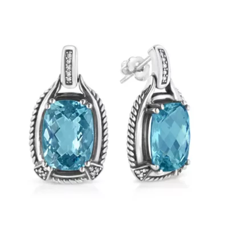 Silver 14x10MM Cushion Blue Topaz Gemstone and Diamond Accent Dangle Earring