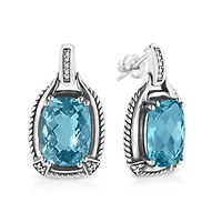 Silver 14x10MM Cushion Blue Topaz Gemstone and Diamond Accent Dangle Earring