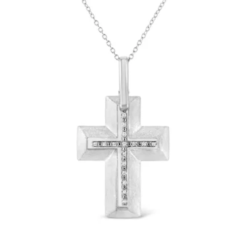.925 Sterling Silver Prong-Set Diamond Accent Bold Cross 18" Pendant Necklace