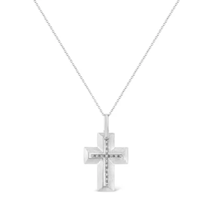 .925 Sterling Silver Prong-Set Diamond Accent Bold Cross 18" Pendant Necklace