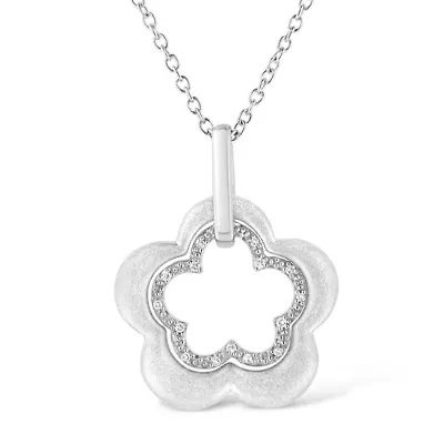 Matte Finished Silver Diamond Accent Double Flower Shape Satin Pendant Necklace