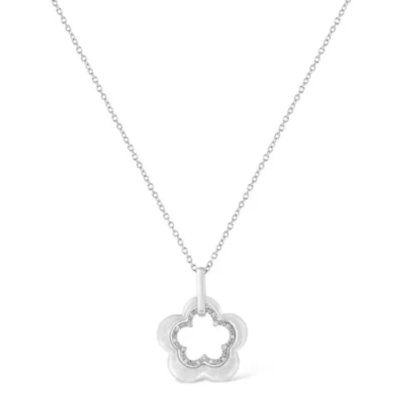 Matte Finished Silver Diamond Accent Double Flower Shape Satin Pendant Necklace