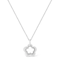 Matte Finished Silver Diamond Accent Double Flower Shape Satin Pendant Necklace