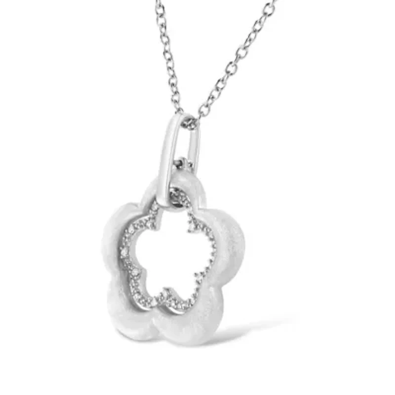 Matte Finished Silver Diamond Accent Double Flower Shape Satin Pendant Necklace