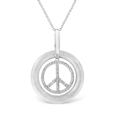 Matte Finish Silver Diamond Accent Dancing Peace Sign 18" Pendant Necklace