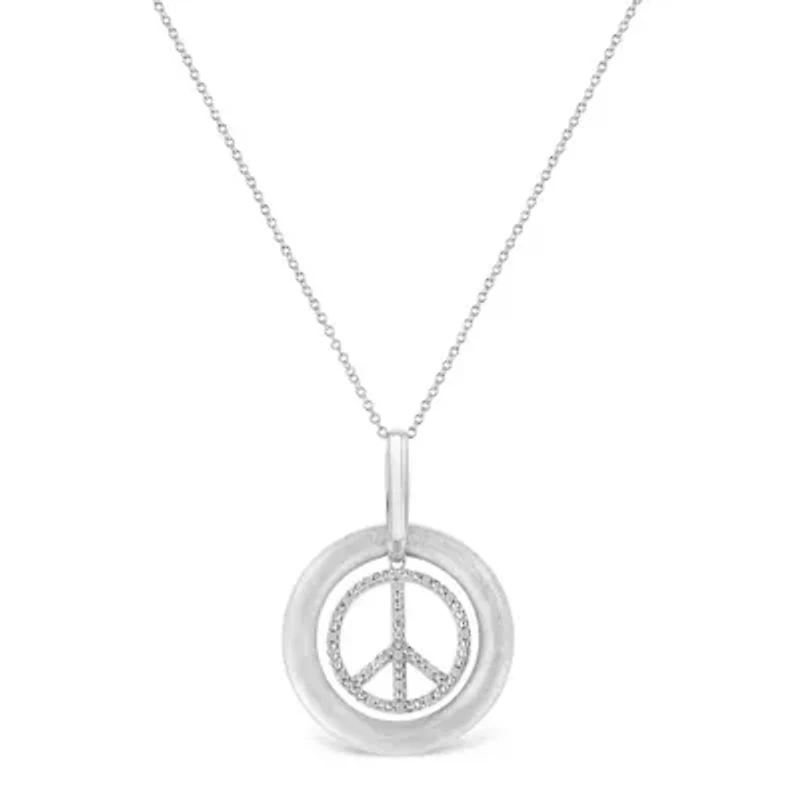 Matte Finish Silver Diamond Accent Dancing Peace Sign 18" Pendant Necklace