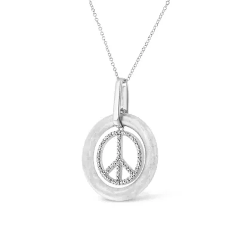 Matte Finish Silver Diamond Accent Dancing Peace Sign 18" Pendant Necklace