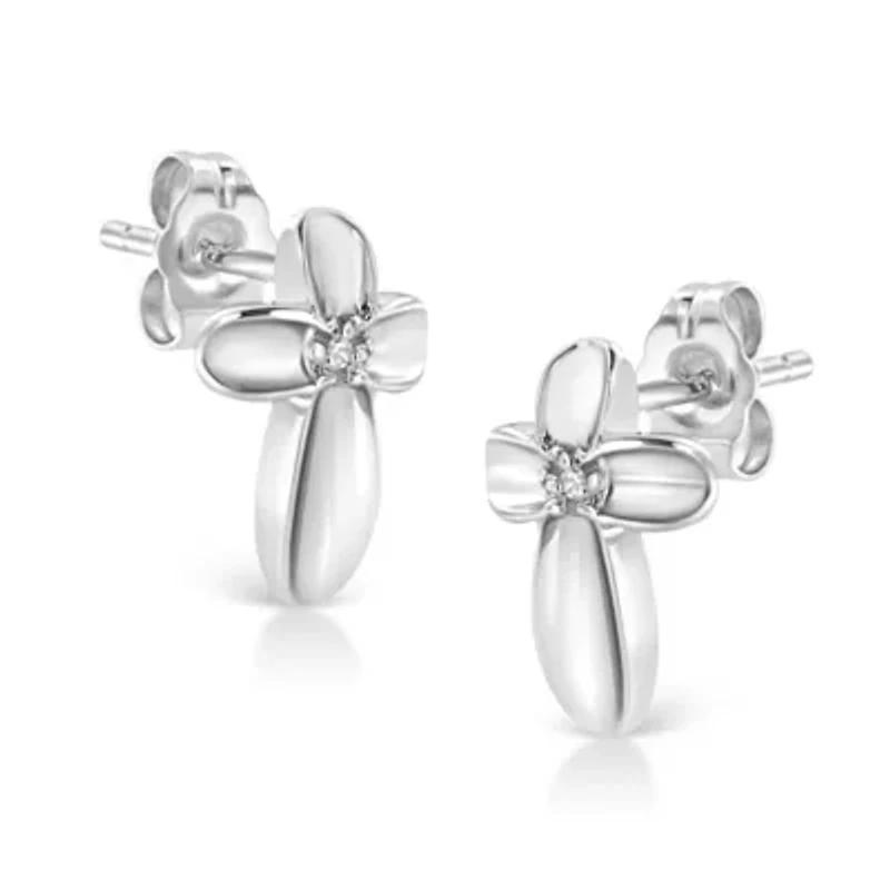Silver Prong Diamond Accent Floral Cross Stud Earring