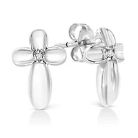 Silver Prong Diamond Accent Floral Cross Stud Earring