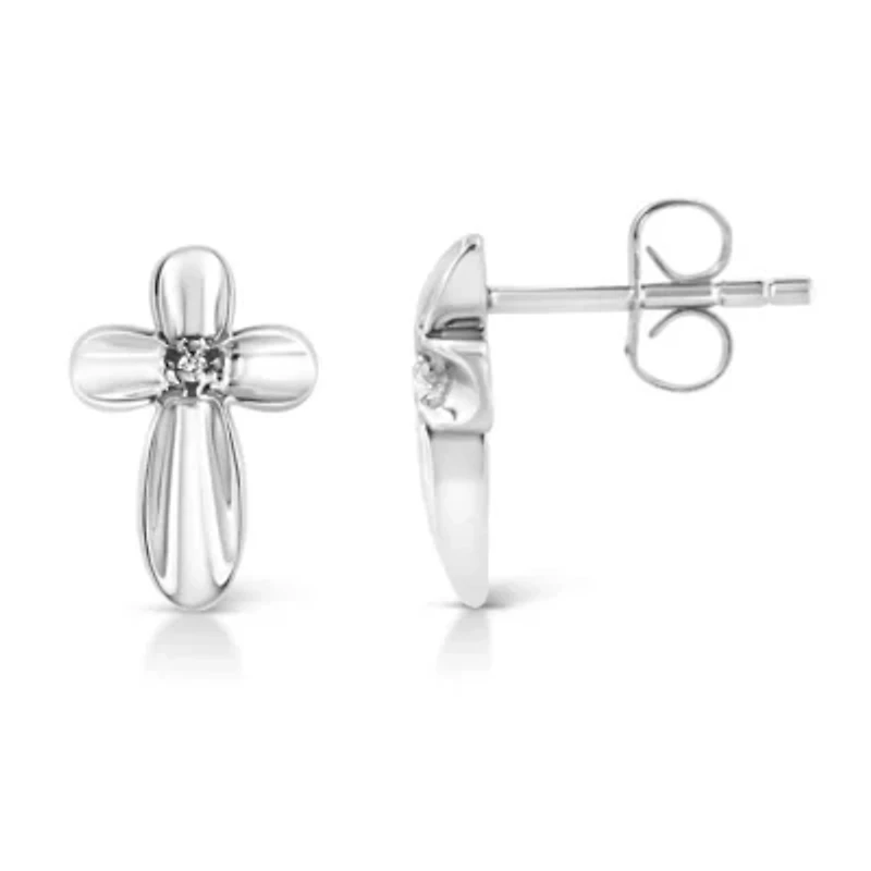 Silver Prong Diamond Accent Floral Cross Stud Earring