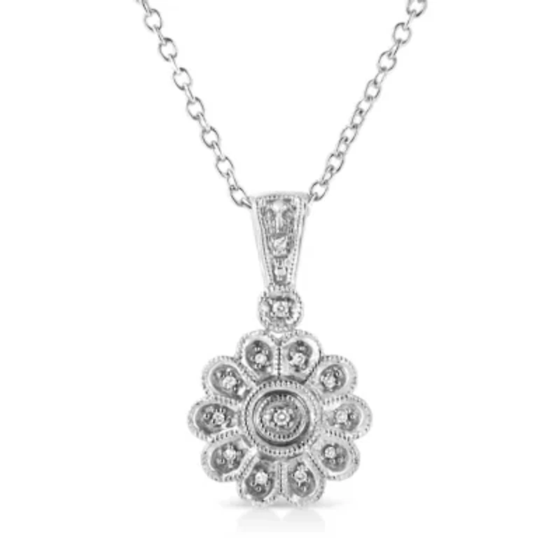 .925 Sterling Silver Diamond Accent Sunburst Milgrain 18" Pendant Necklace