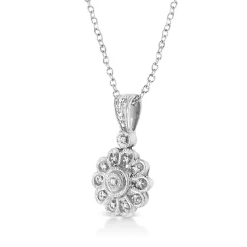 .925 Sterling Silver Diamond Accent Sunburst Milgrain 18" Pendant Necklace