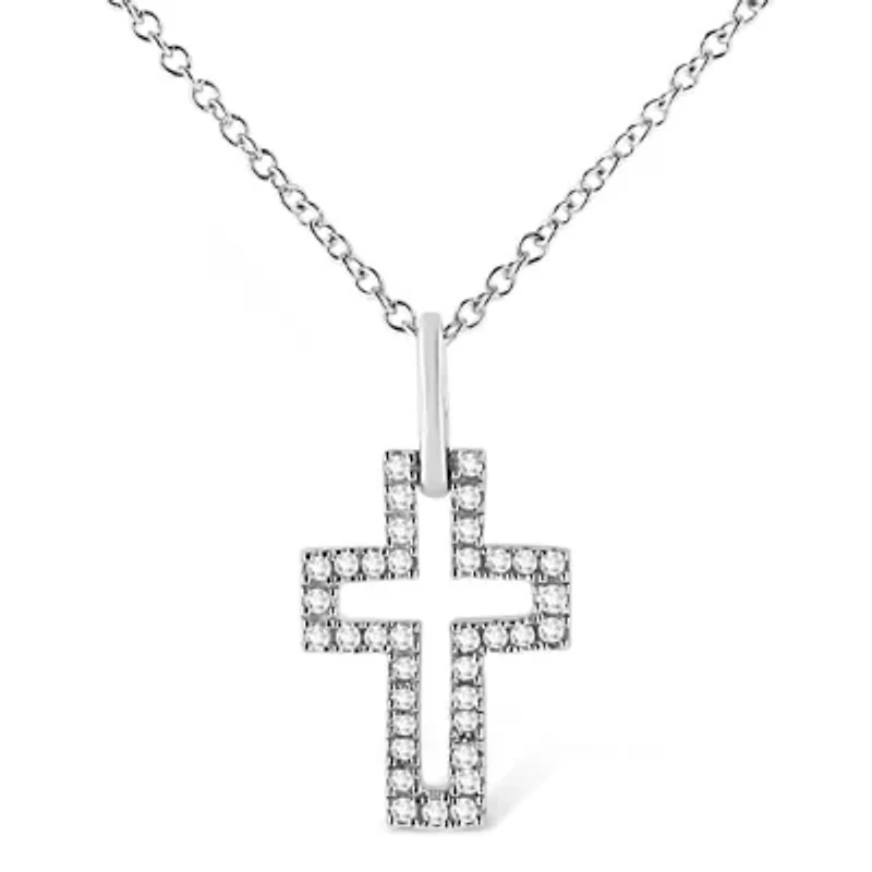 Silver 1/10 cttw Pave-Set Round-Cut Diamond Open Cross 18" Pendant Necklace