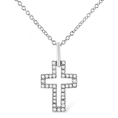 Silver 1/10 cttw Pave-Set Round-Cut Diamond Open Cross 18" Pendant Necklace