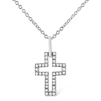 Silver 1/10 cttw Pave-Set Round-Cut Diamond Open Cross 18" Pendant Necklace