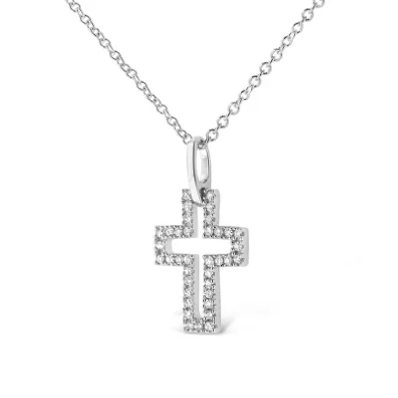 Silver 1/10 cttw Pave-Set Round-Cut Diamond Open Cross 18" Pendant Necklace