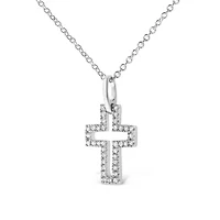 Silver 1/10 cttw Pave-Set Round-Cut Diamond Open Cross 18" Pendant Necklace