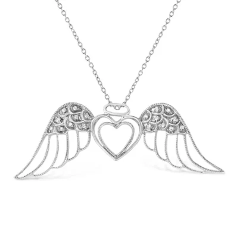 Silver Pave-Set Diamond Accent Angel Wing 18" Double Heart Pendant Necklace