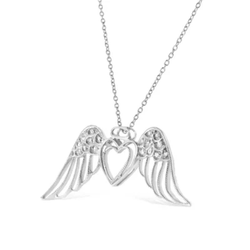 Silver Pave-Set Diamond Accent Angel Wing 18" Double Heart Pendant Necklace