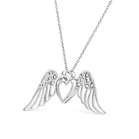 Silver Pave-Set Diamond Accent Angel Wing 18" Double Heart Pendant Necklace