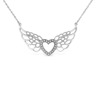 .925 Sterling Silver Pave-Set Diamond Accent Fairy Wing 18" Heart Pendant Necklace