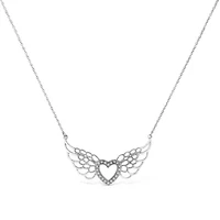 .925 Sterling Silver Pave-Set Diamond Accent Fairy Wing 18" Heart Pendant Necklace