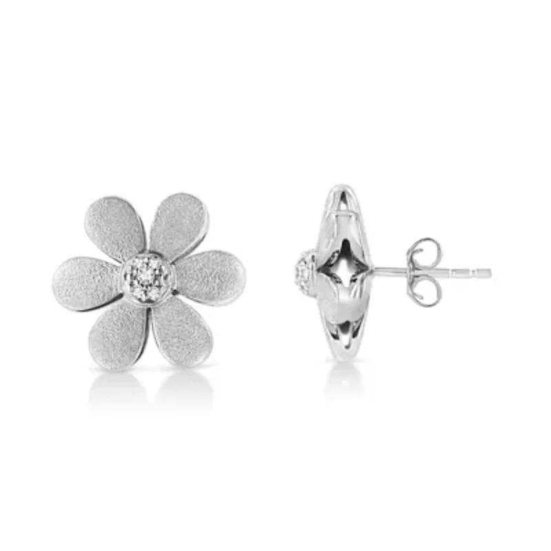Matte Finished Silver Diamond Accent Flower Hoop Stud Earring
