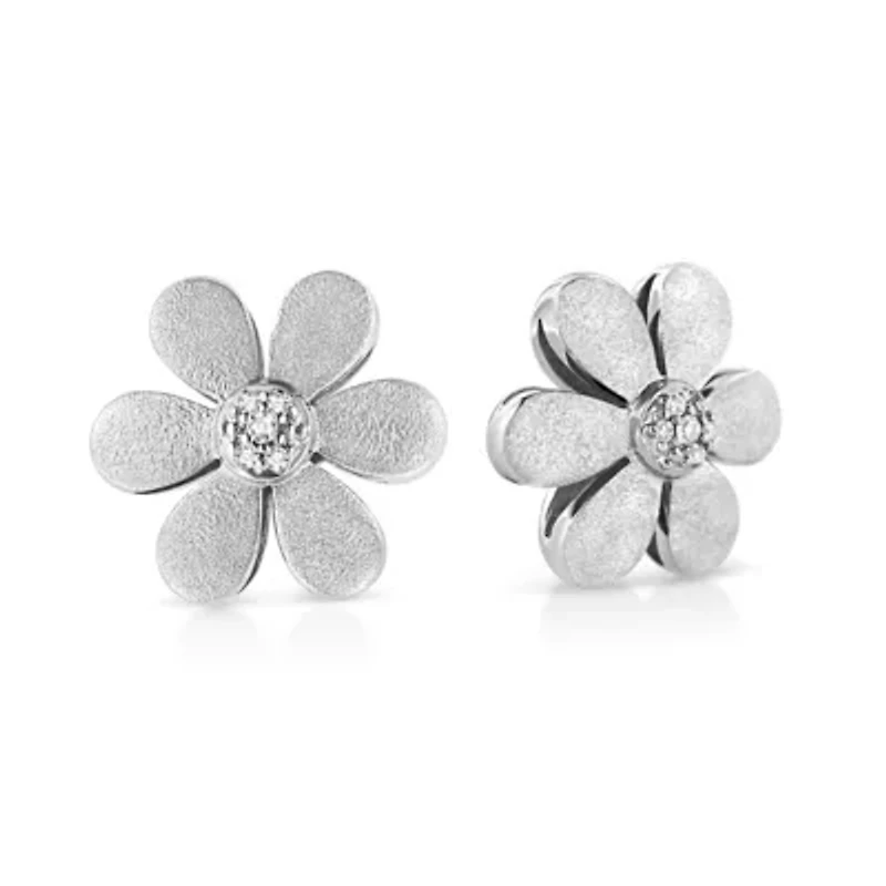 Matte Finished Silver Diamond Accent Flower Hoop Stud Earring