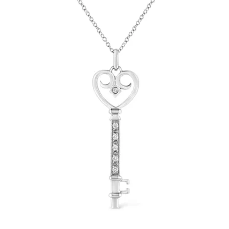 Silver Pave and Bezel-Set Diamond Accent Key 18" Heart and Lock Pendant Necklace