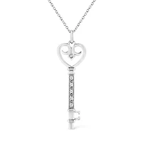Silver Pave and Bezel-Set Diamond Accent Key 18" Heart and Lock Pendant Necklace