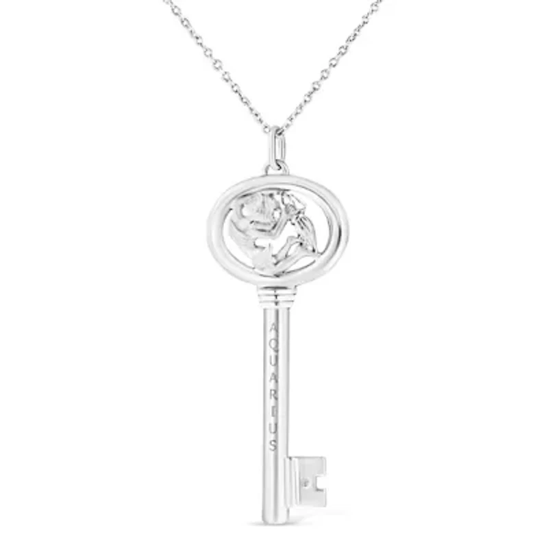 .925 Sterling Silver Diamond Accent Aquarius Zodiac Key 18" Pendant Necklace