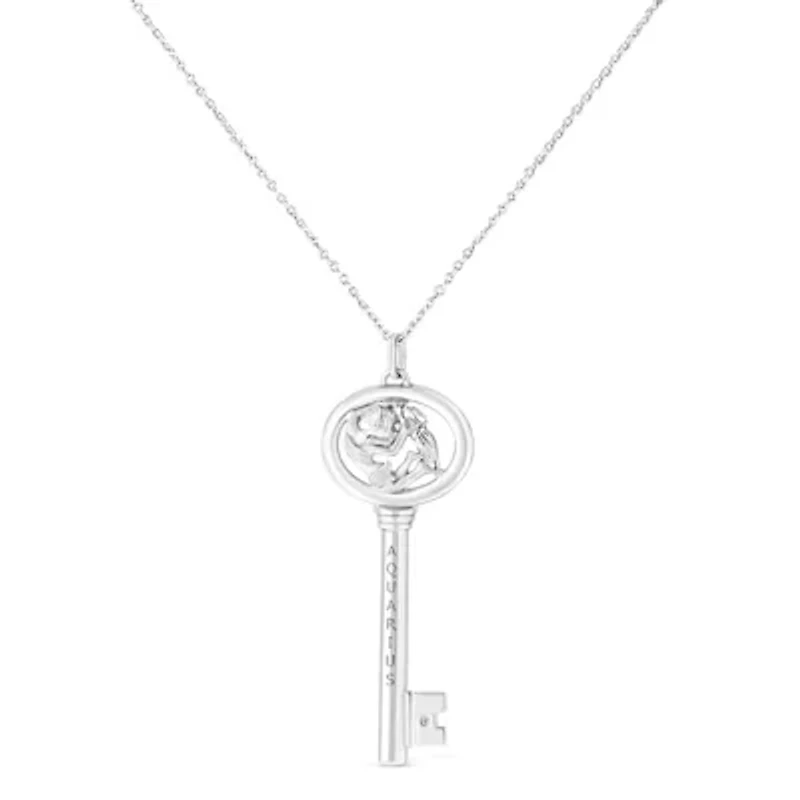.925 Sterling Silver Diamond Accent Aquarius Zodiac Key 18" Pendant Necklace