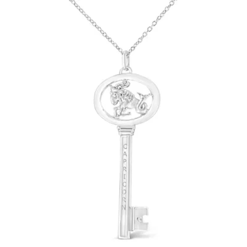 .925 Sterling Silver Diamond Accent Capricorn Zodiac Key 18" Pendant Necklace