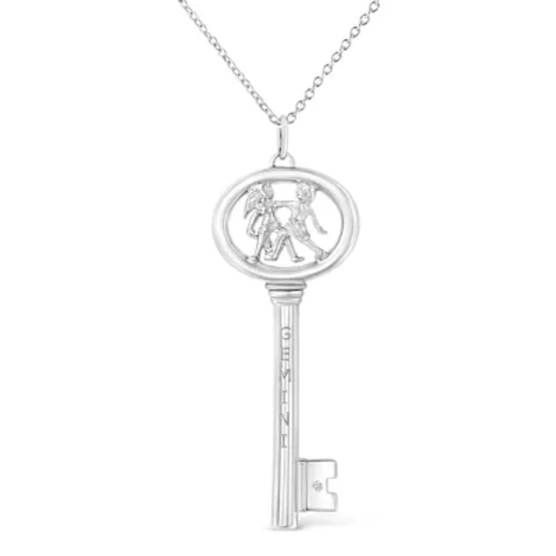 .925 Sterling Silver Diamond Accent Gemini Zodiac Key 18" Pendant Necklace