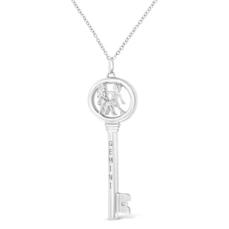 .925 Sterling Silver Diamond Accent Gemini Zodiac Key 18" Pendant Necklace
