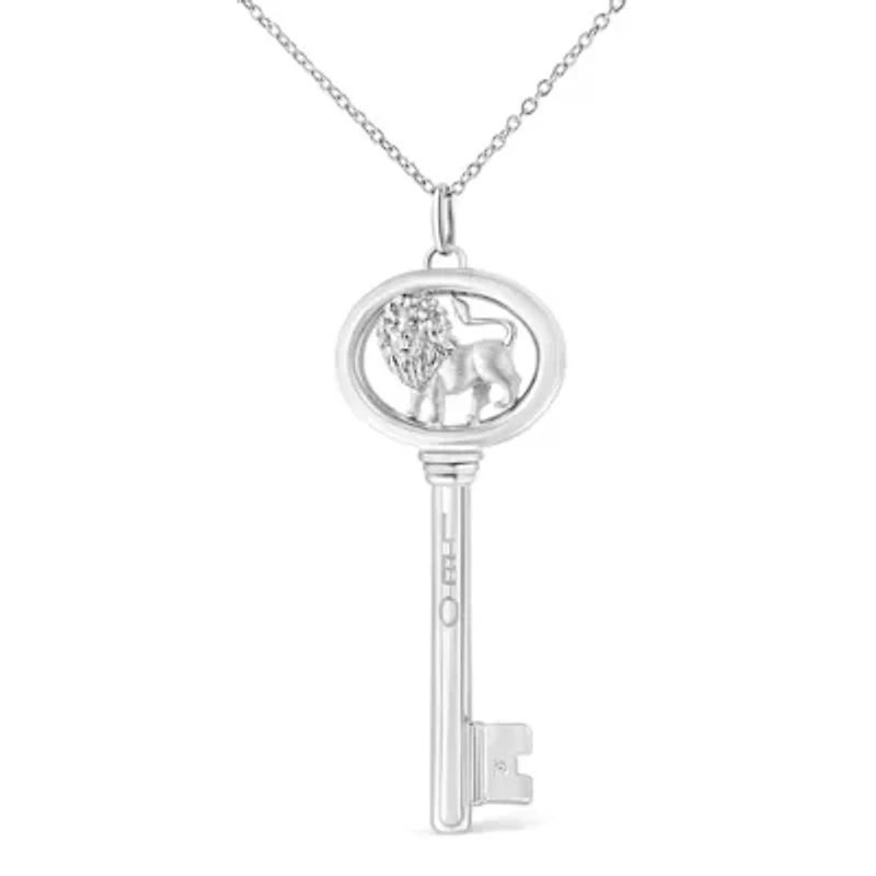 .925 Sterling Silver Diamond Accent Leo Zodiac Key 18" Pendant Necklace