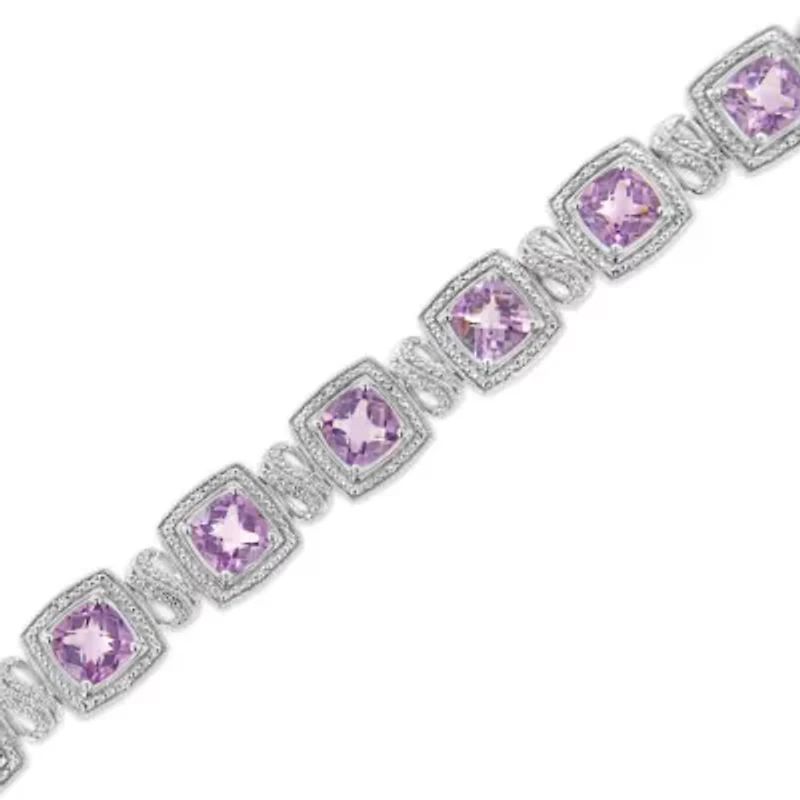 Silver 7x7 mm Cushion Purple Amethyst and 1/10 cttw Diamond Tennis Bracelet
