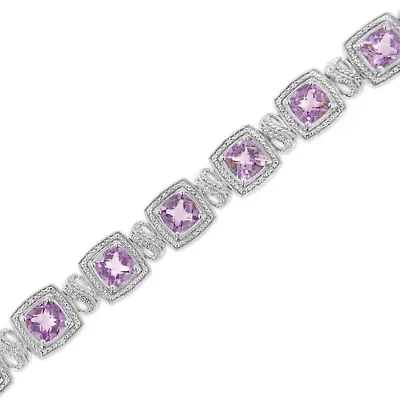 Silver 7x7 mm Cushion Purple Amethyst and 1/10 cttw Diamond Tennis Bracelet