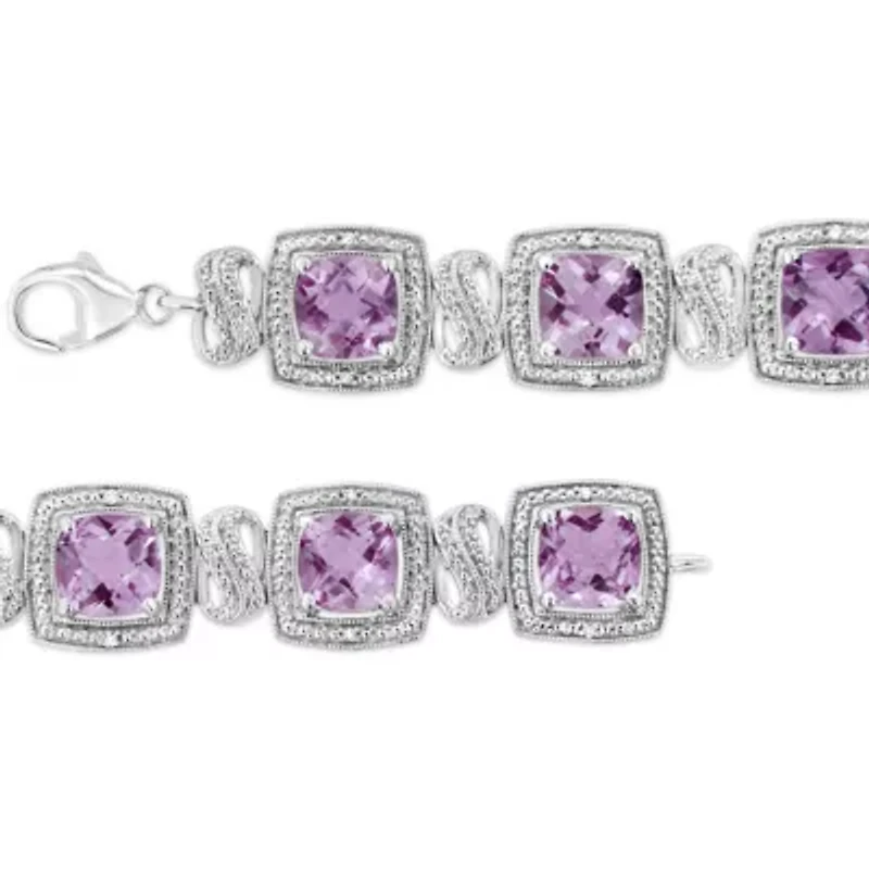 Silver 7x7 mm Cushion Purple Amethyst and 1/10 cttw Diamond Tennis Bracelet