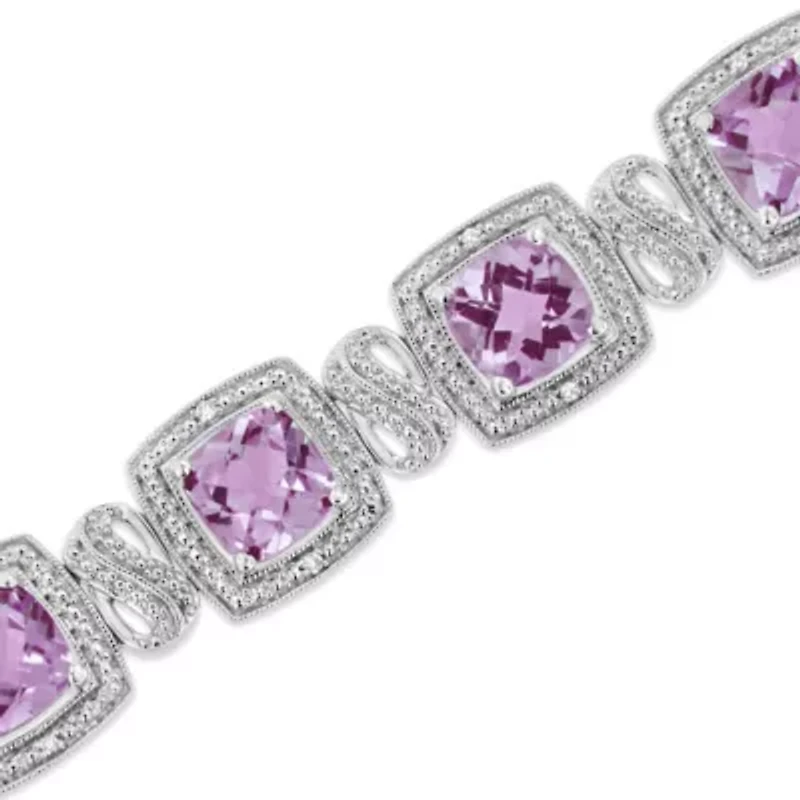 Silver 7x7 mm Cushion Purple Amethyst and 1/10 cttw Diamond Tennis Bracelet